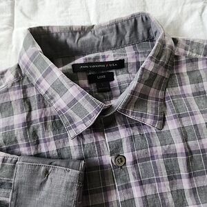 John Varvatos LUXE 100% Cotton Button Up Long Sleeve Size L Plaid Gray Purple